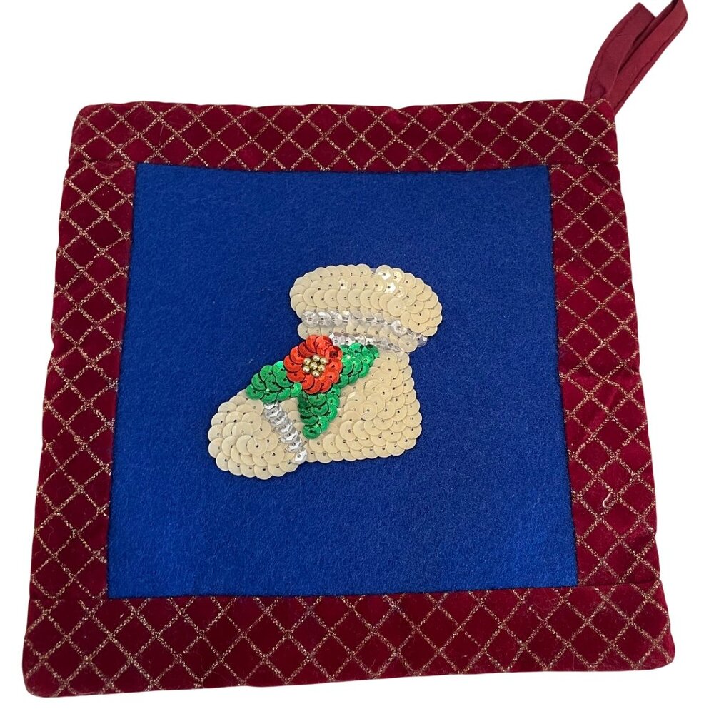 Vintage Red & Blue Christmas Pot Holders With Sequin Boot Design Quilted Set Of